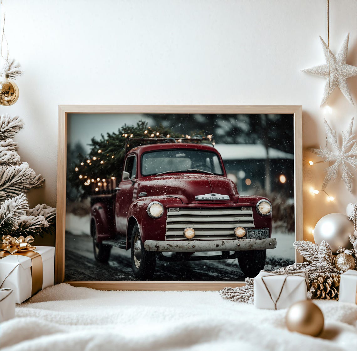 Vintage Red Chevy Pickup Christmas Tree Snow Classic Truck Poster