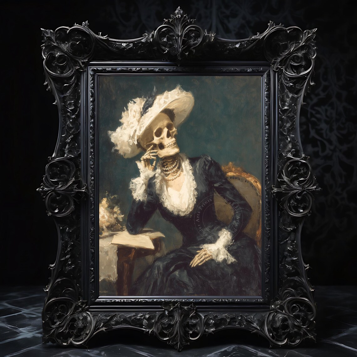 Victorian Skeleton Oil Painting Spooky Halloween Wall Art Vintage Gothic Decor Dressed In Style 187