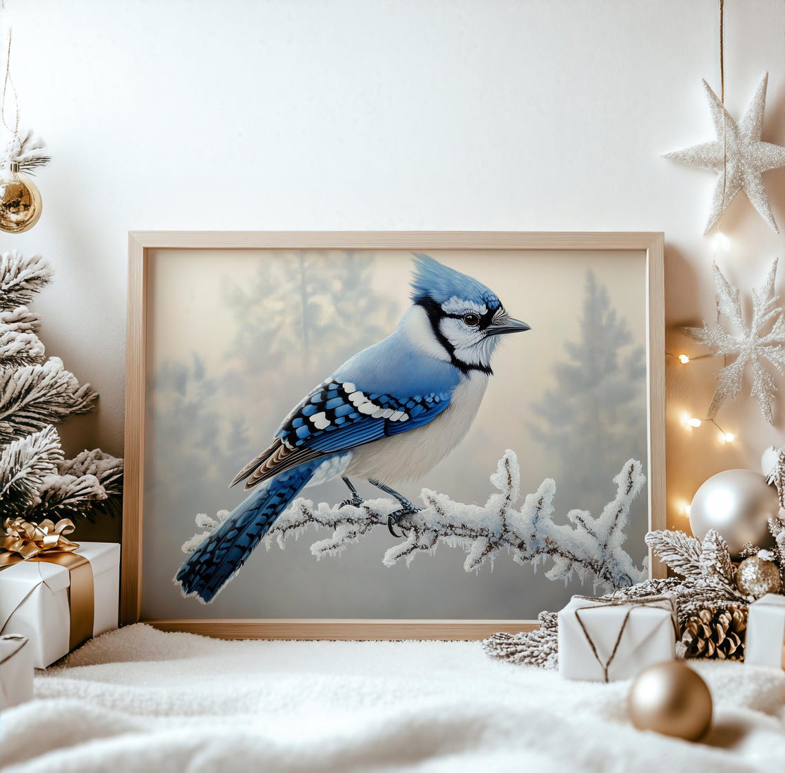 Blue Jay Perched On Frosted Winter Branch Wildlife Bird Vintage Poster