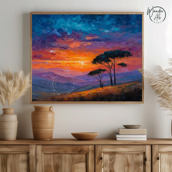 Twilight Over Rolling Hills Painting Sunset Landscape Rustic Earthy Wall Art Moody Country Decor Print 506