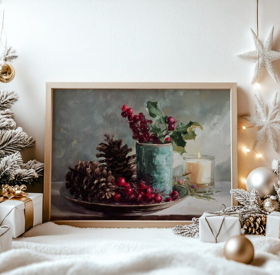 Christmas Still Life Pinecones Holly Berries Rustic Holiday Painting Poster