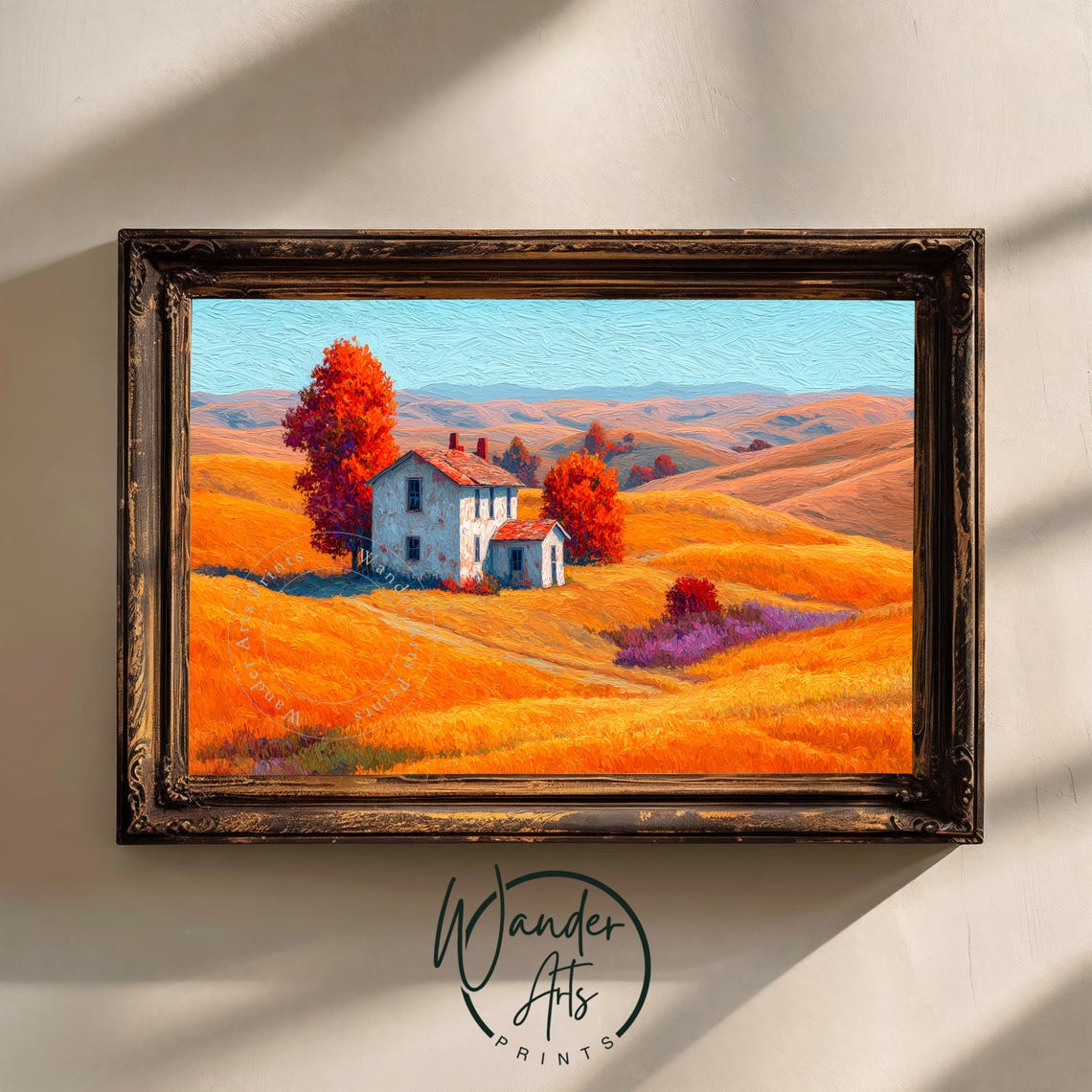 Autumn Farmhouse Landscape Rustic Fall Hills Cozy Countryside Art With Scarlet Trees Earthy Wall Decor Instant 931