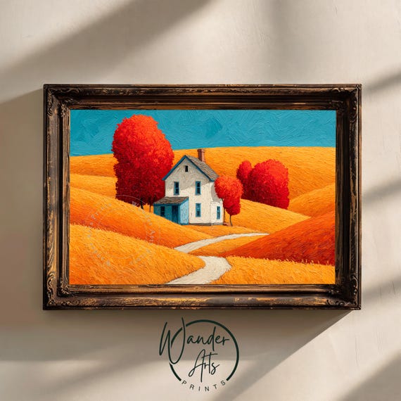 Rustic Autumn Farmhouse In Bold Red And Teal Modern Minimalist Landscape Cozy Wall Art Countryside Painting 934