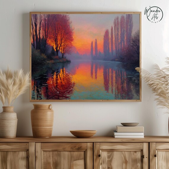 Impressionist Water Lily Landscape Monet Style Oil Painting Moody Sunset Scene Wall Art Vintage Watercolor Decor 447