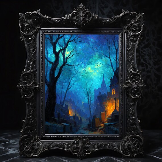 Moody Vintage Foggy Graveyard Painting Rustic Midnight Scene Halloween Decor Gothic Wall Art Dark Autumn Landscape 169