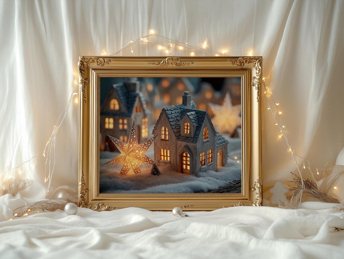 Scandinavian Winter Village Glowing Houses Star Lantern Holiday Poster