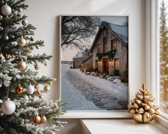 Cozy Winter Farmhouse Christmas Lights Rustic Snowy Scene Poster