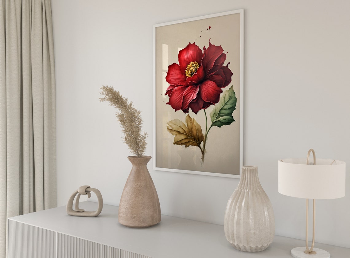 Red Rose Botanical Watercolor Cream Background Decor Art Poster - Image 2