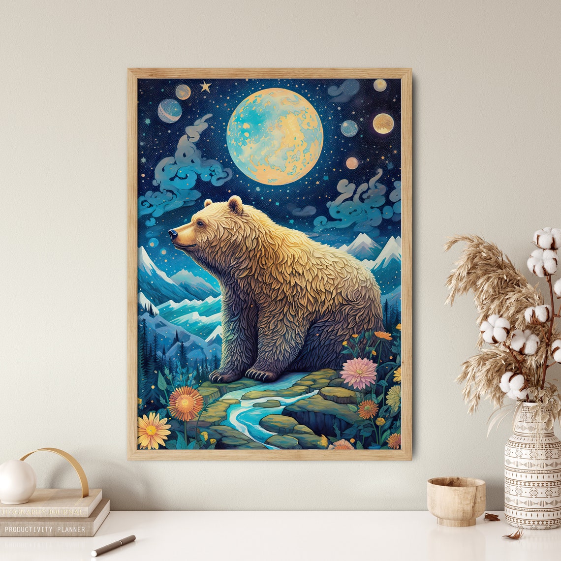 Bear Under Cosmic Night Sky Moon Planets Flowers Dreamscape Poster - Image 5