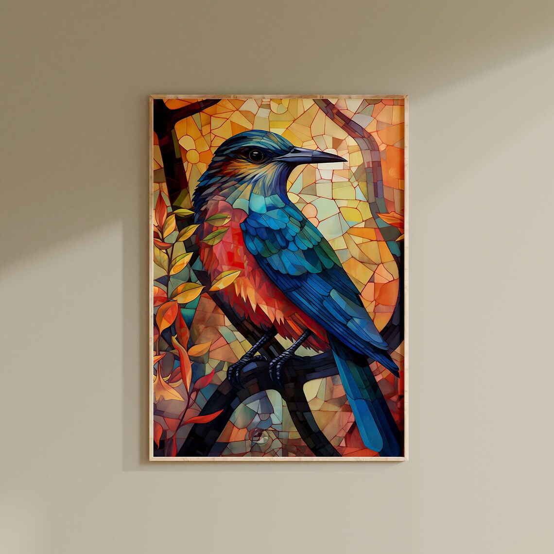 Blue Red Songbird Mosaic Stained Glass Autumn Leaves Art Poster - Image 3