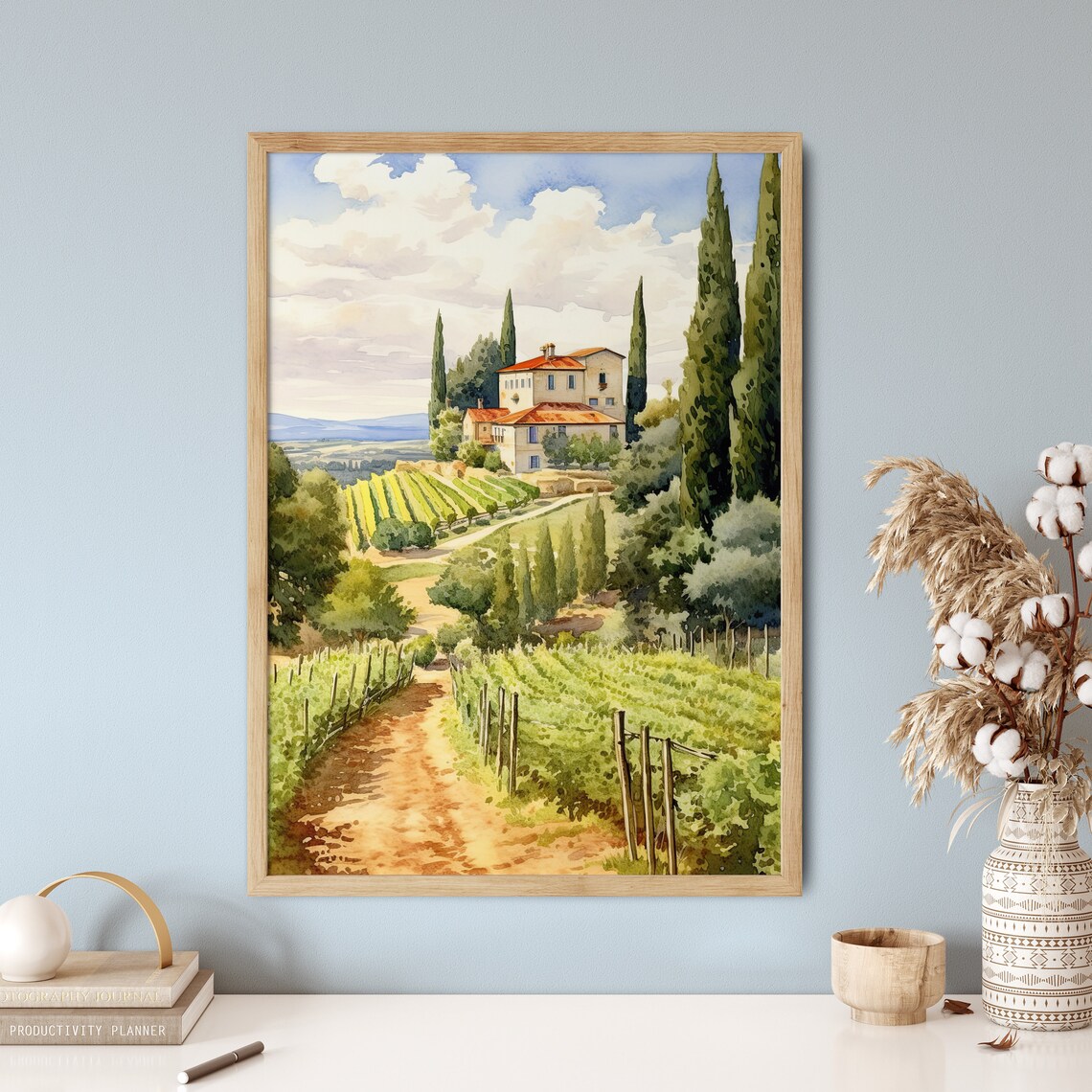 Italian Villa Vineyard Path Green Cypress Hills Watercolor Poster - Image 5