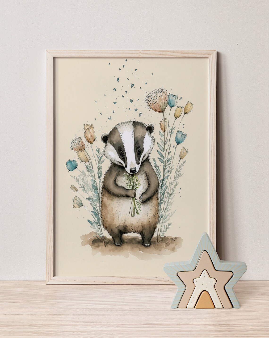 Baby Badger Holding Flowers Watercolor Nursery Woodland Art Print - Image 2