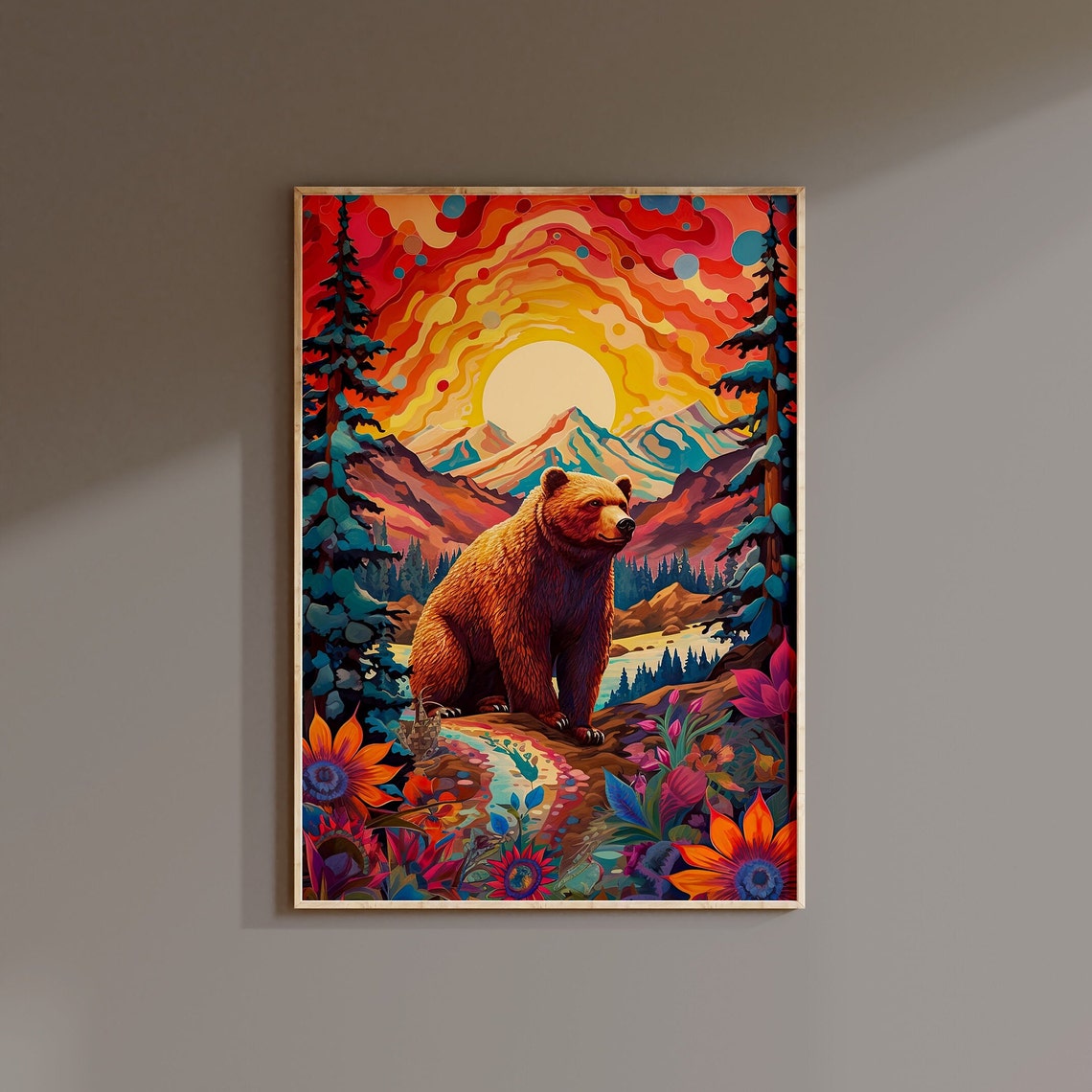 Bear Mountain Sunset Psychedelic Sky Wildflowers Wildlife Poster - Image 3