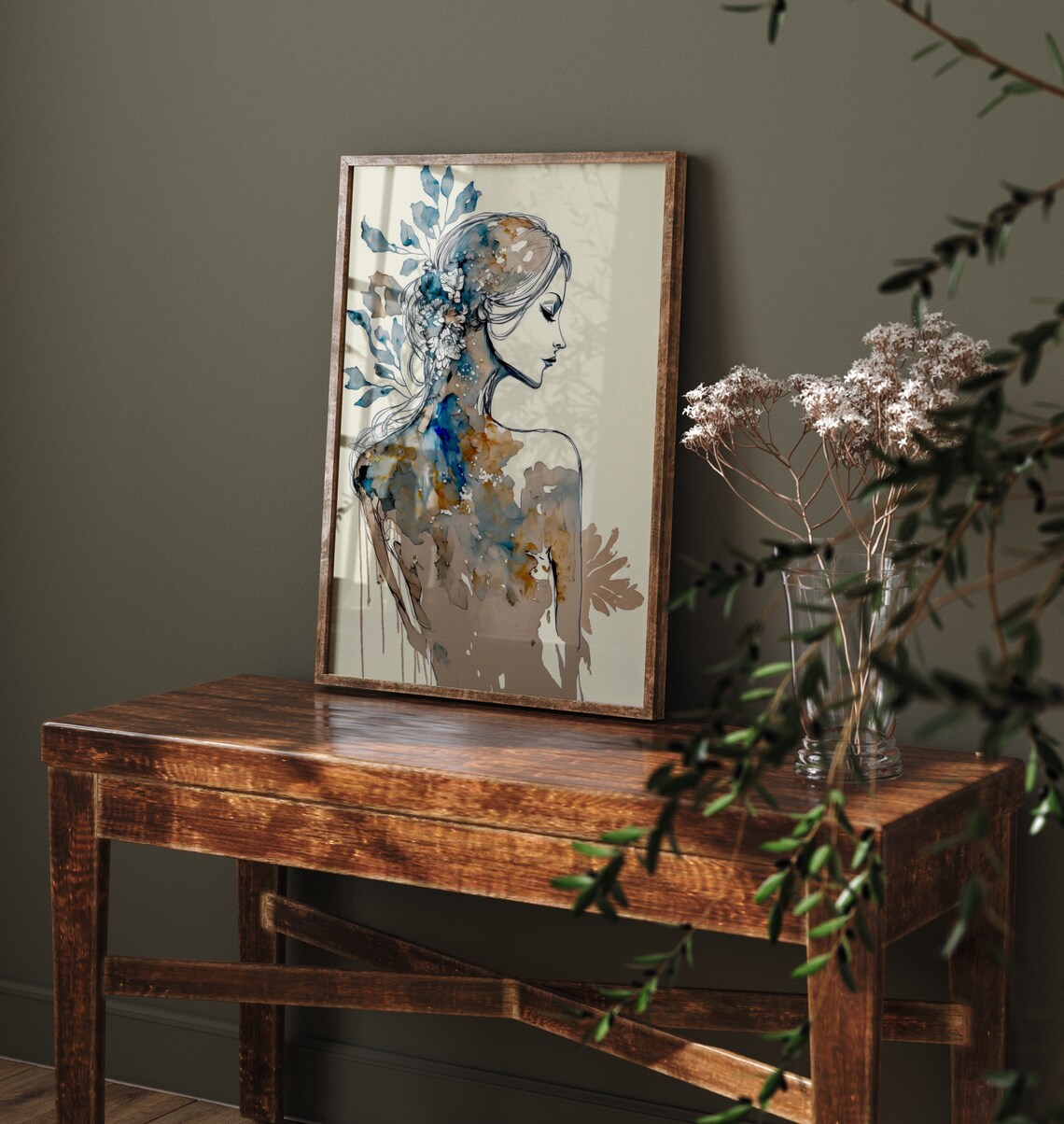 Elegant Woman Profile Blue Brown Watercolor Floral Art Print - Image 5