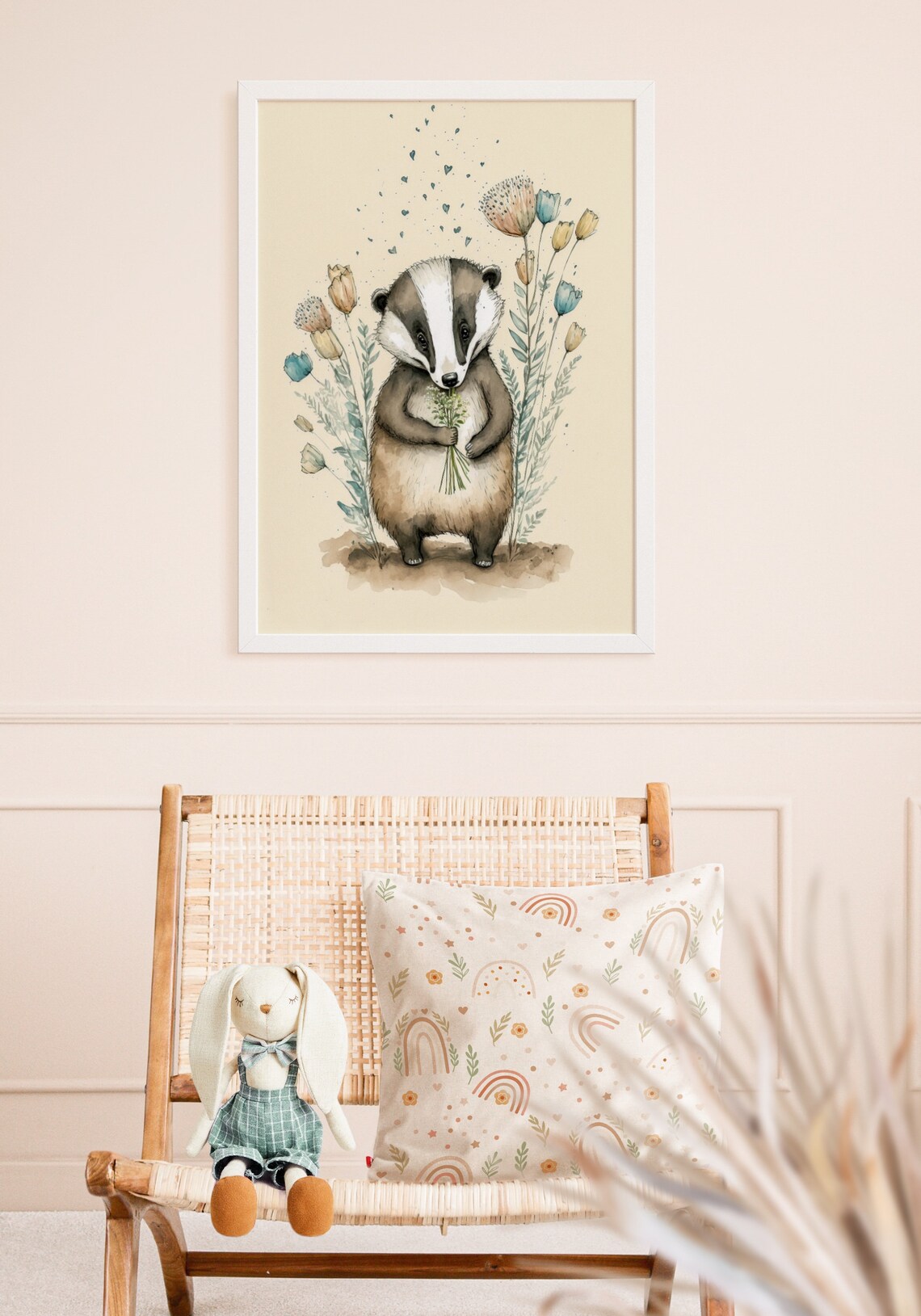 Baby Badger Holding Flowers Watercolor Nursery Woodland Art Print - Image 3