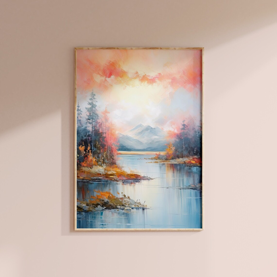 Pink Sunset Mountain Lake Pastel Watercolour Serene View Poster - Image 3