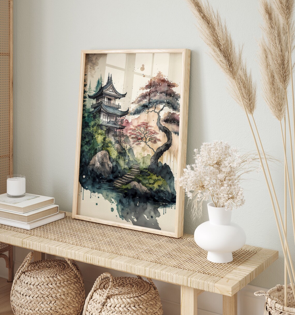 Japanese Pagoda Watercolor Serene Autumn Maple Lake Scene Poster - Image 4