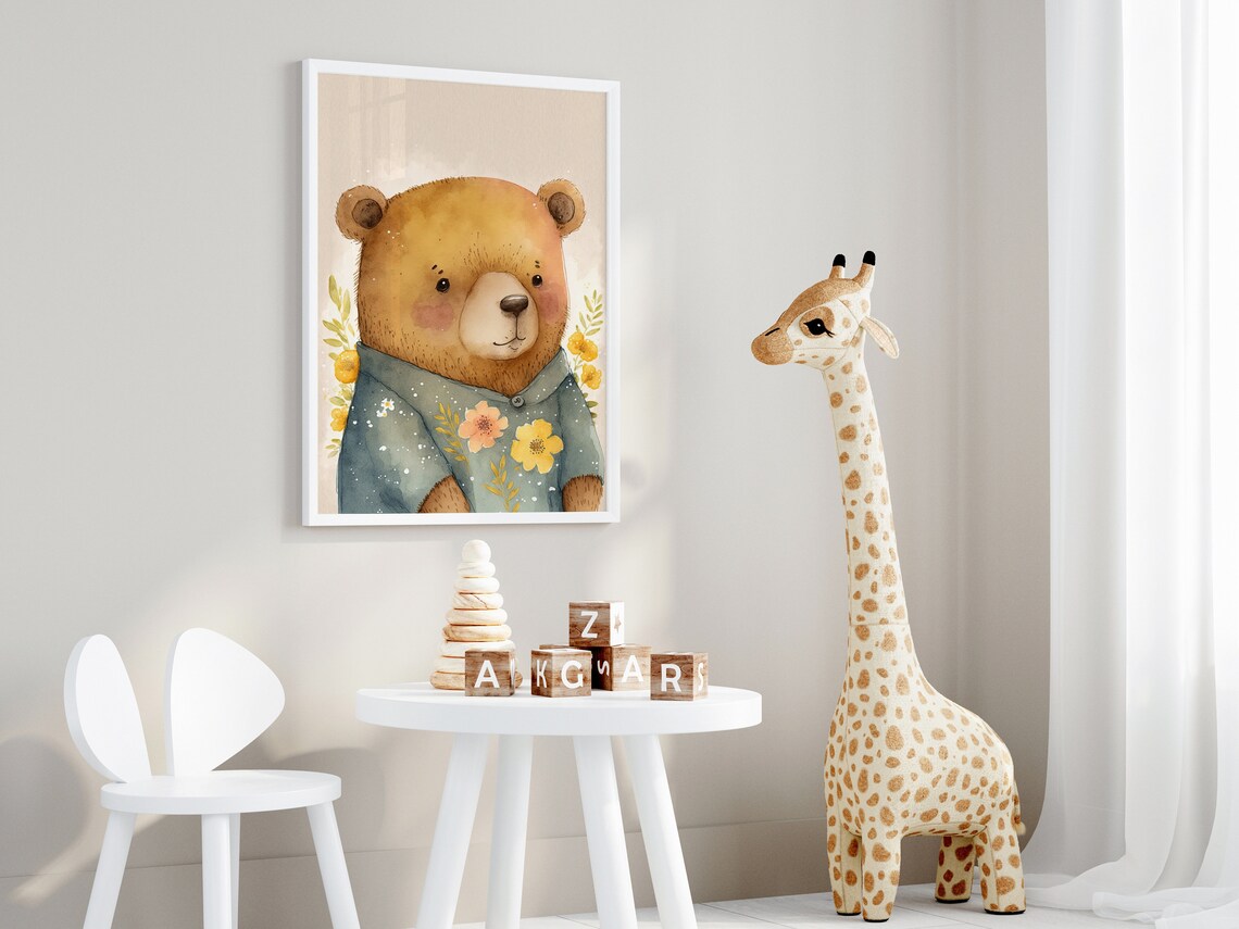 Cute Teddy Bear in Blue Floral Shirt Watercolor Nursery Art Print - Image 4