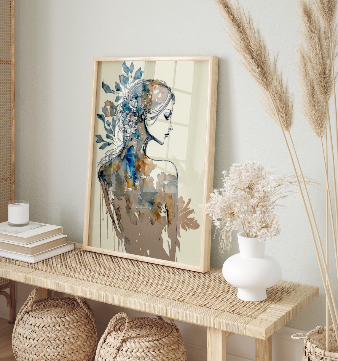 Elegant Woman Profile Blue Brown Watercolor Floral Art Print - Image 4