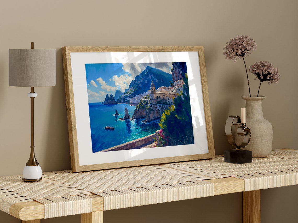 Italian Coastal Town Dome Church Blue Sea Cliffs View Poster - Image 3