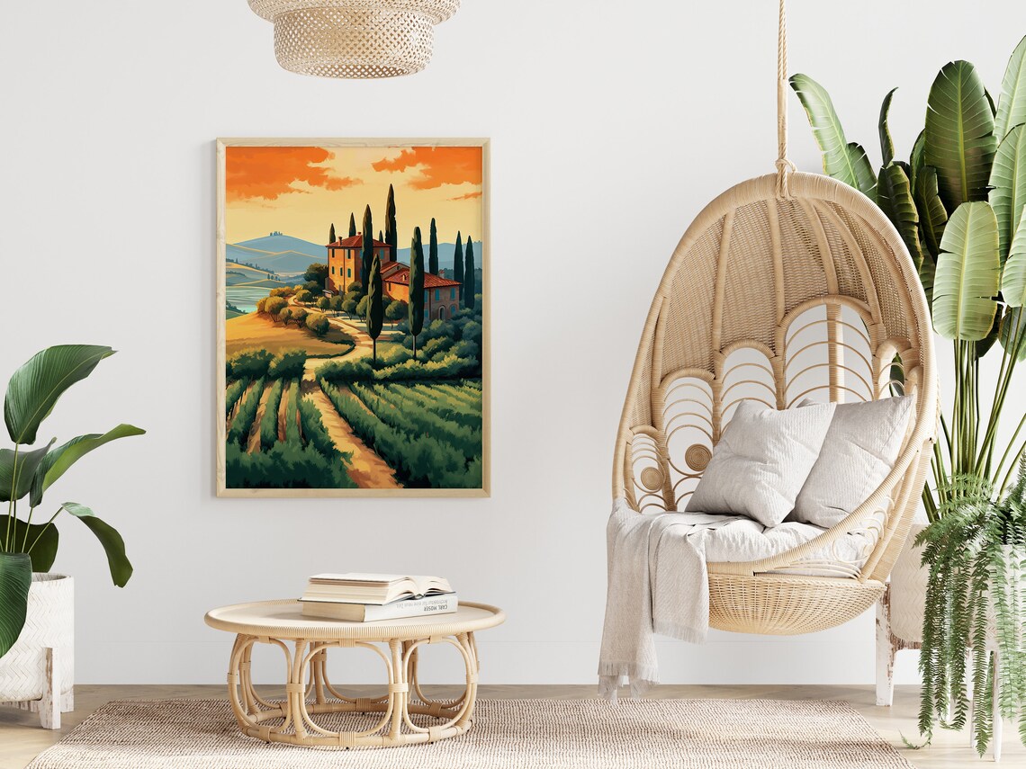 Tuscan Villa Sunset Vineyard Cypress Orange Sky Landscape Poster - Image 4