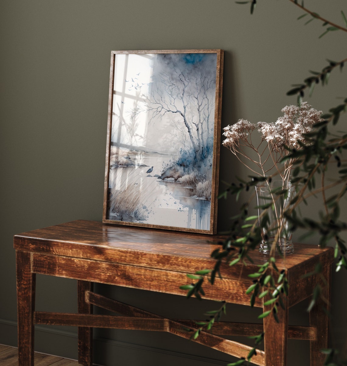 Peaceful Blue Lake Bird Misty Watercolor Nature Reserve Poster - Image 4