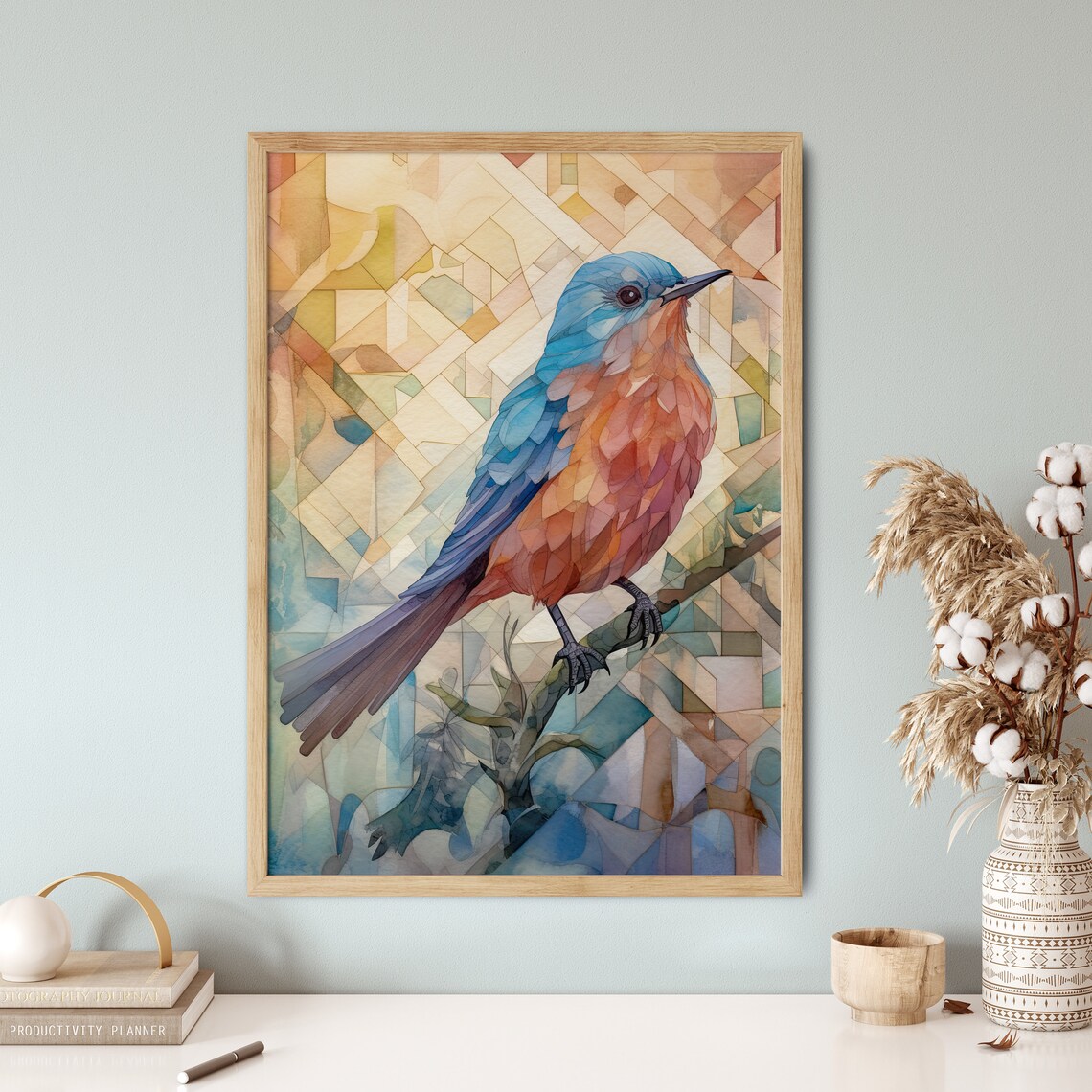 Bluebird Mosaic Watercolor Bird on Branch Geometric Nature Art Print - Image 5