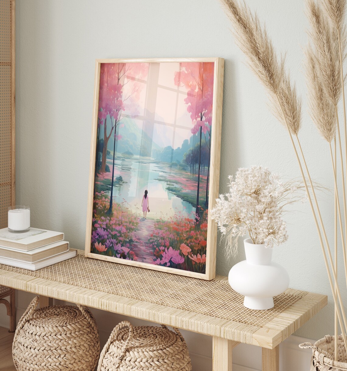 Dreamy Pastel Girl In Pink Dress By Flower Lake Summer Poster - Image 4
