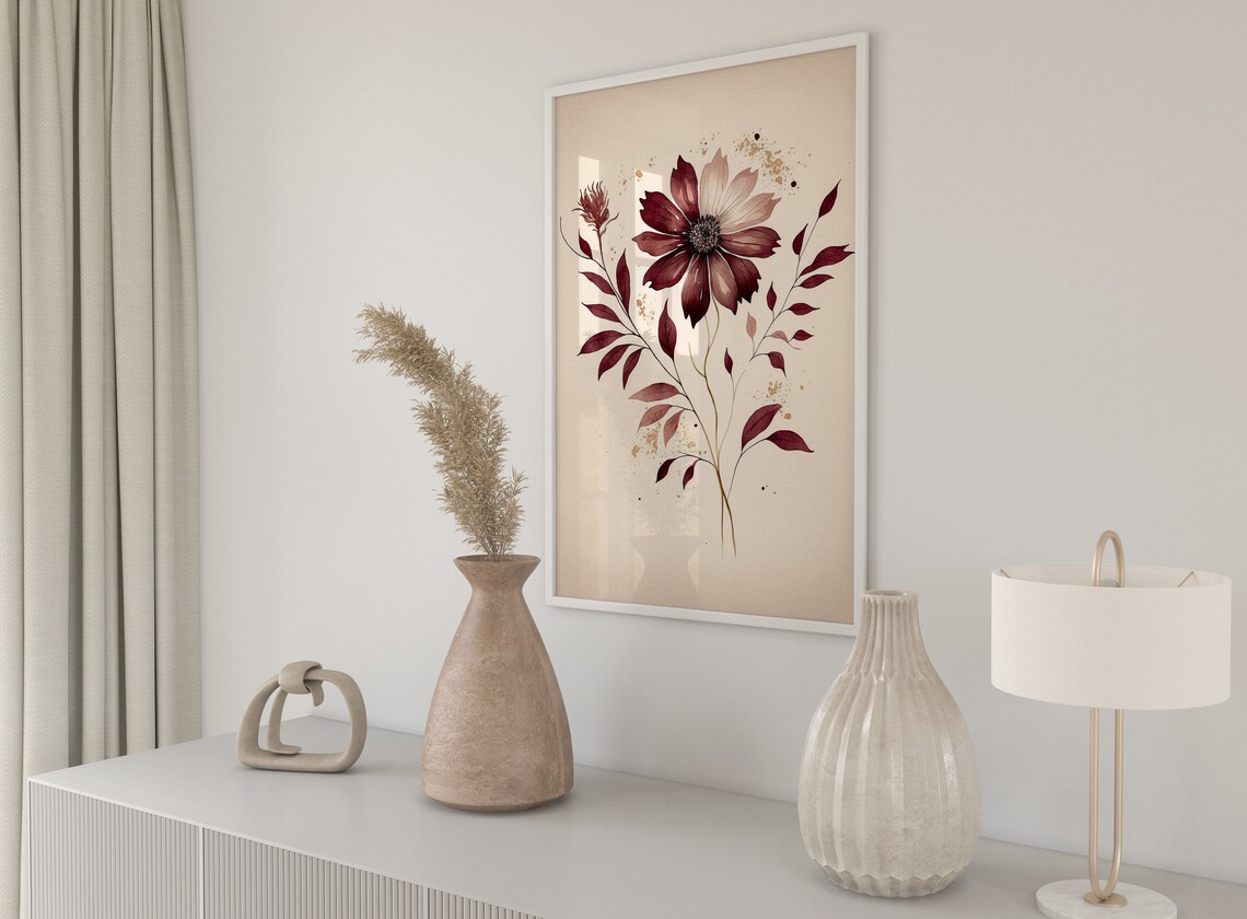 Burgundy Dahlia Botanical Watercolor Elegant Floral Wall Art - Image 3