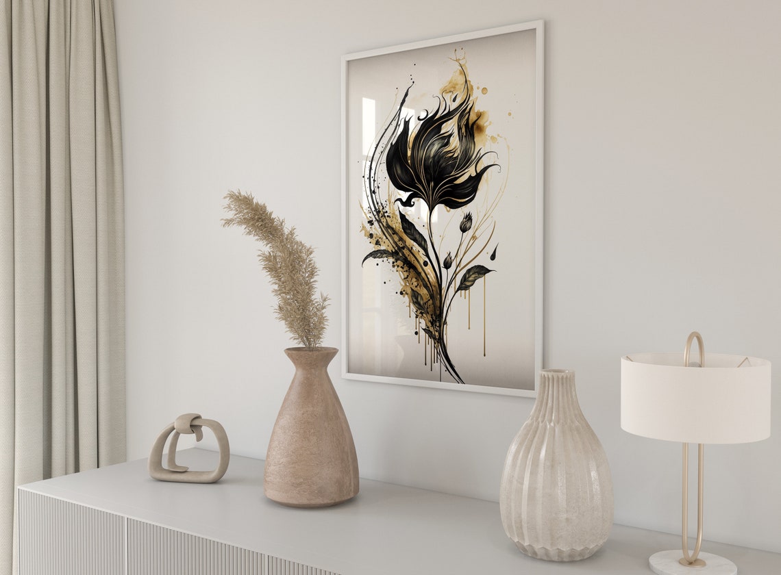 Black And Gold Abstract Flower Ink Splash Modern Artwork Poster - Image 5