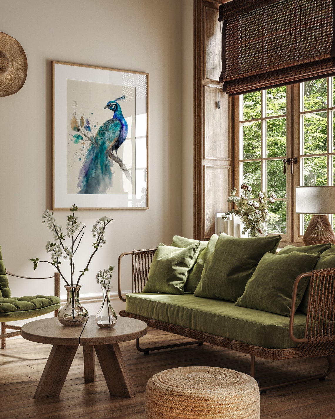 Vivid Teal and Blue Watercolor Peacock Perched Bird Wall Art - Image 2