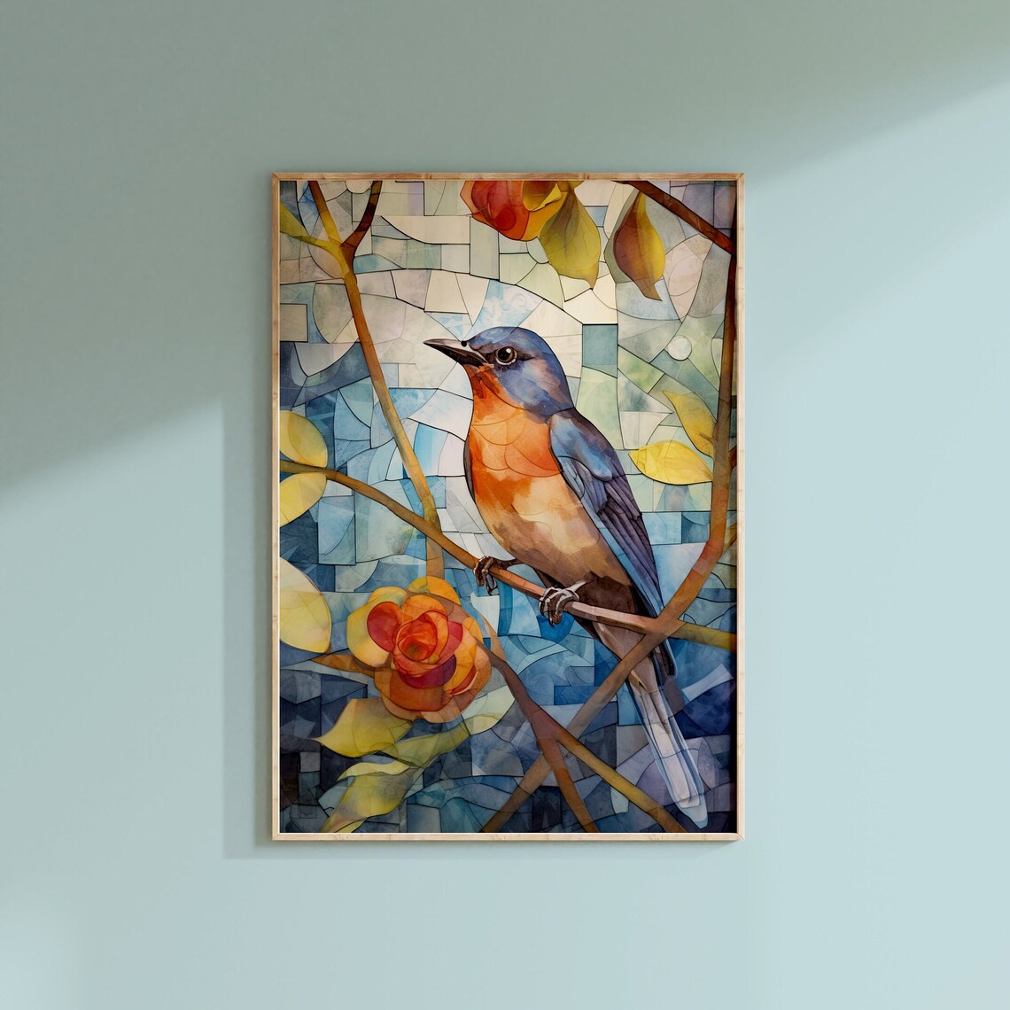 Bluebird Branch Stained Glass Mosaic Autumn Leaves Art Poster - Image 2