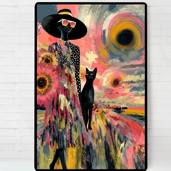 Surreal Fashion Woman Sunflower Black Cat Dreamscape Art Poster