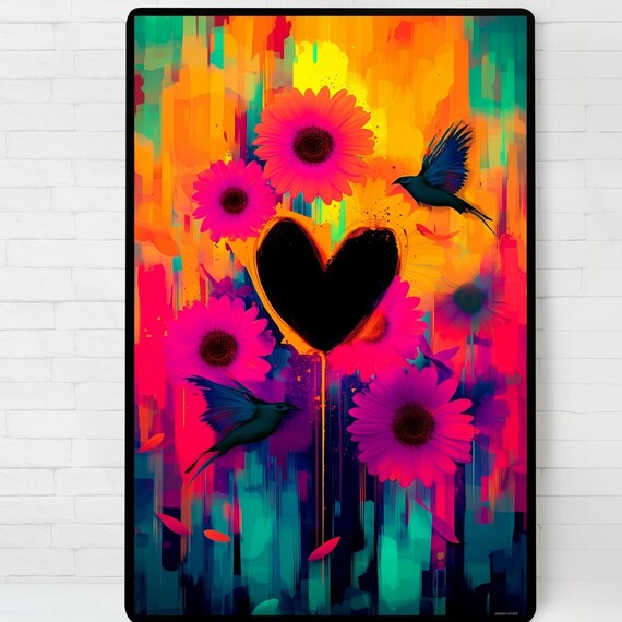 Neon Floral Heart Painting Pink Daisy Birds Vibrant Wall Art