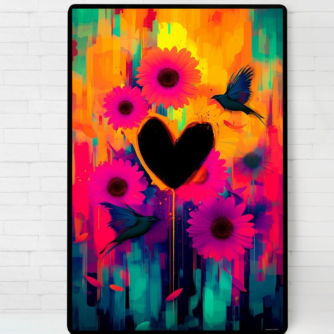 Neon Floral Heart Painting Pink Daisy Birds Vibrant Wall Art
