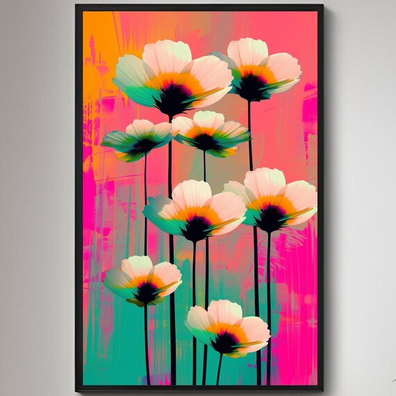 Neon Poppy Flowers Pink Orange Electric Modern Pop Art Poster