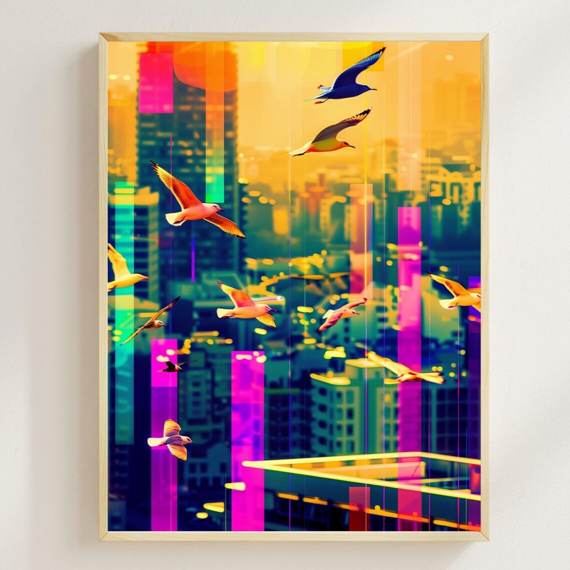 Flock of Birds Soaring Over Neon City Sunset Golden Artwork Poster