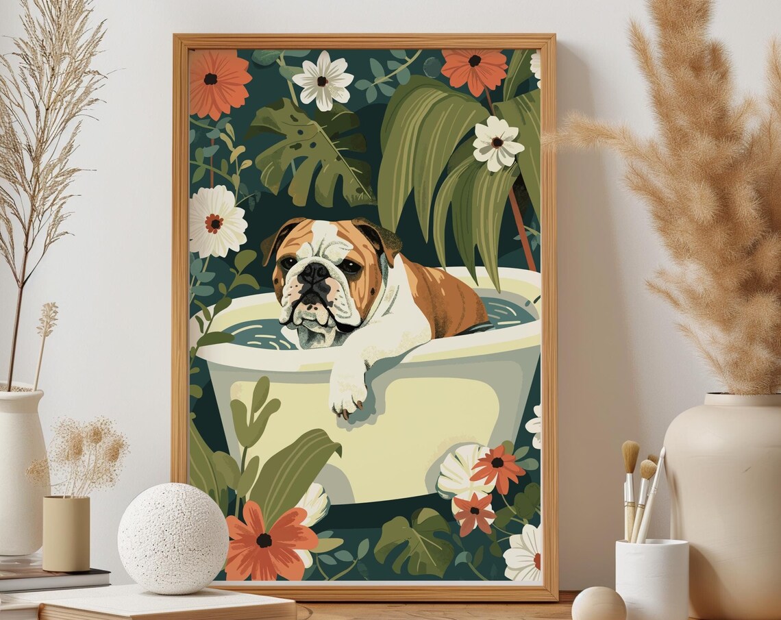 English Bulldog Bathtub Floral Garden Vintage Botanical Dog Poster - Image 4