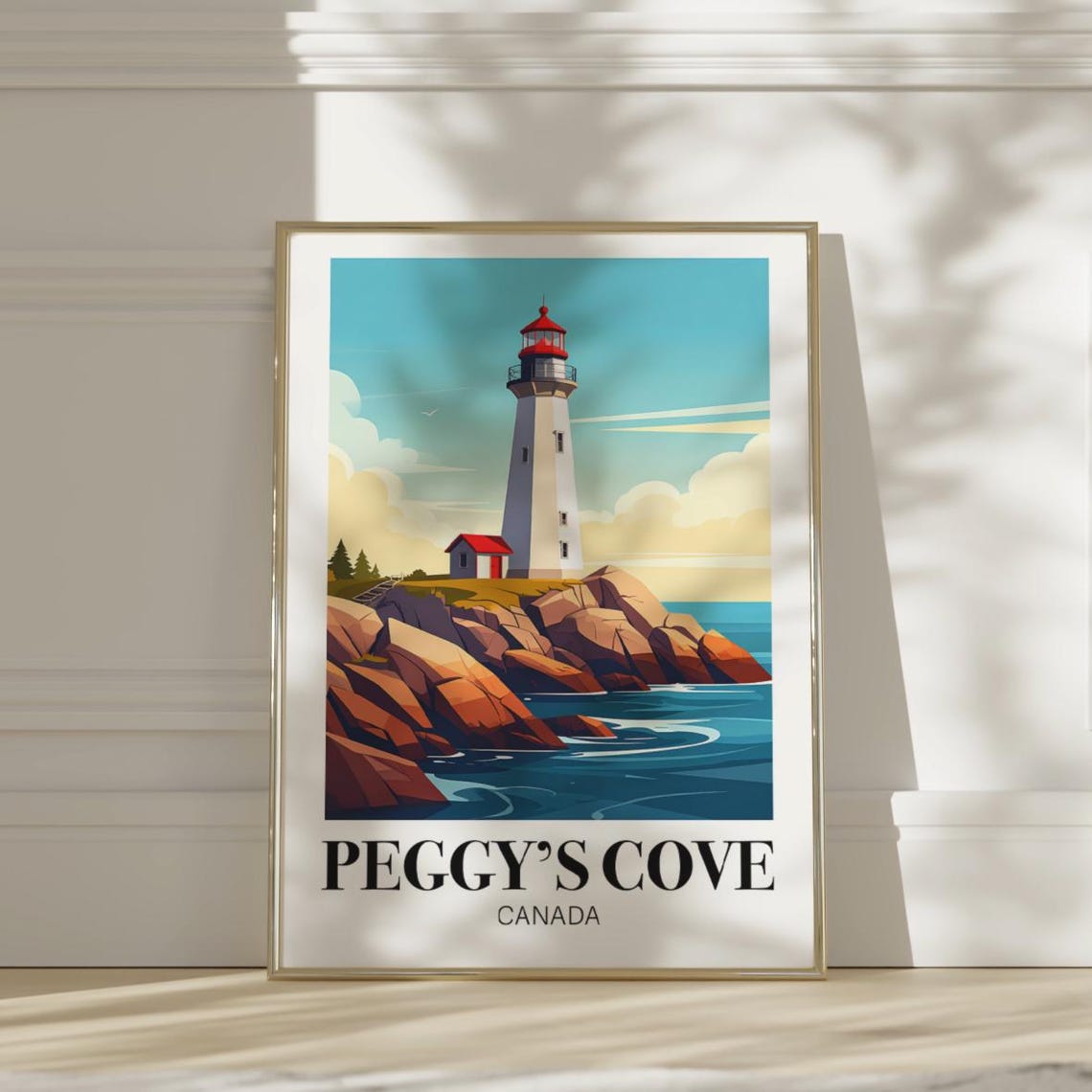 Peggys Cove Nova Scotia Lighthouse Red Rock Coast Travel Poster