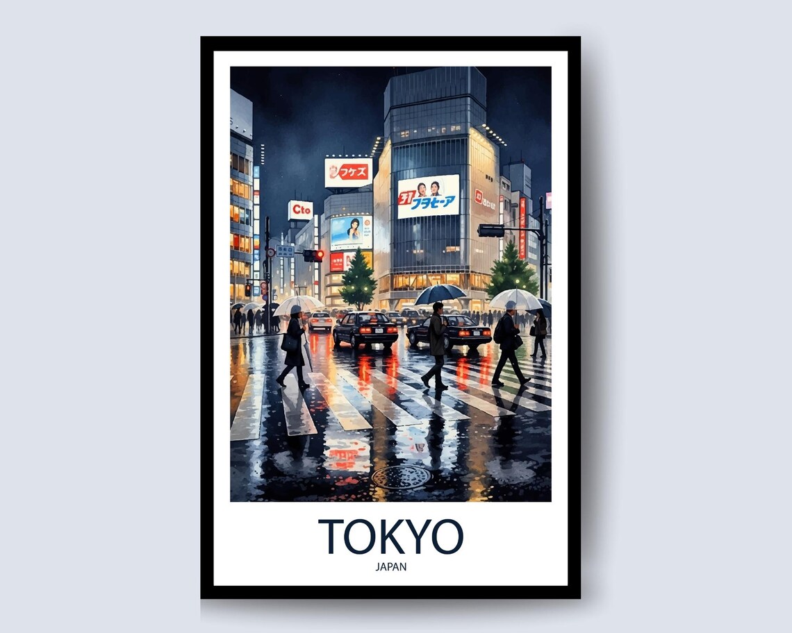 Tokyo Japan Rainy Night Street Umbrella Reflections Anime Poster