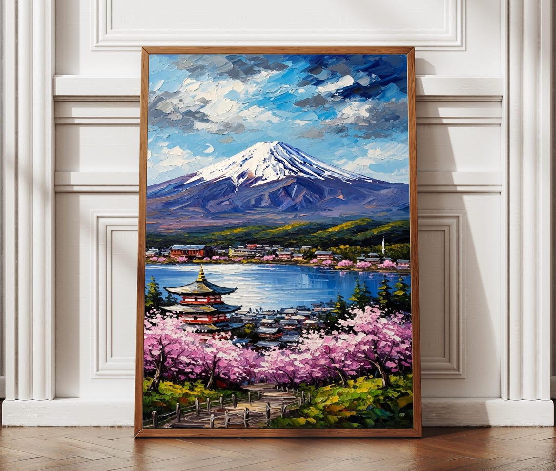 Mount Fuji Cherry Blossoms Pagoda Lake Textured Japan Art Poster