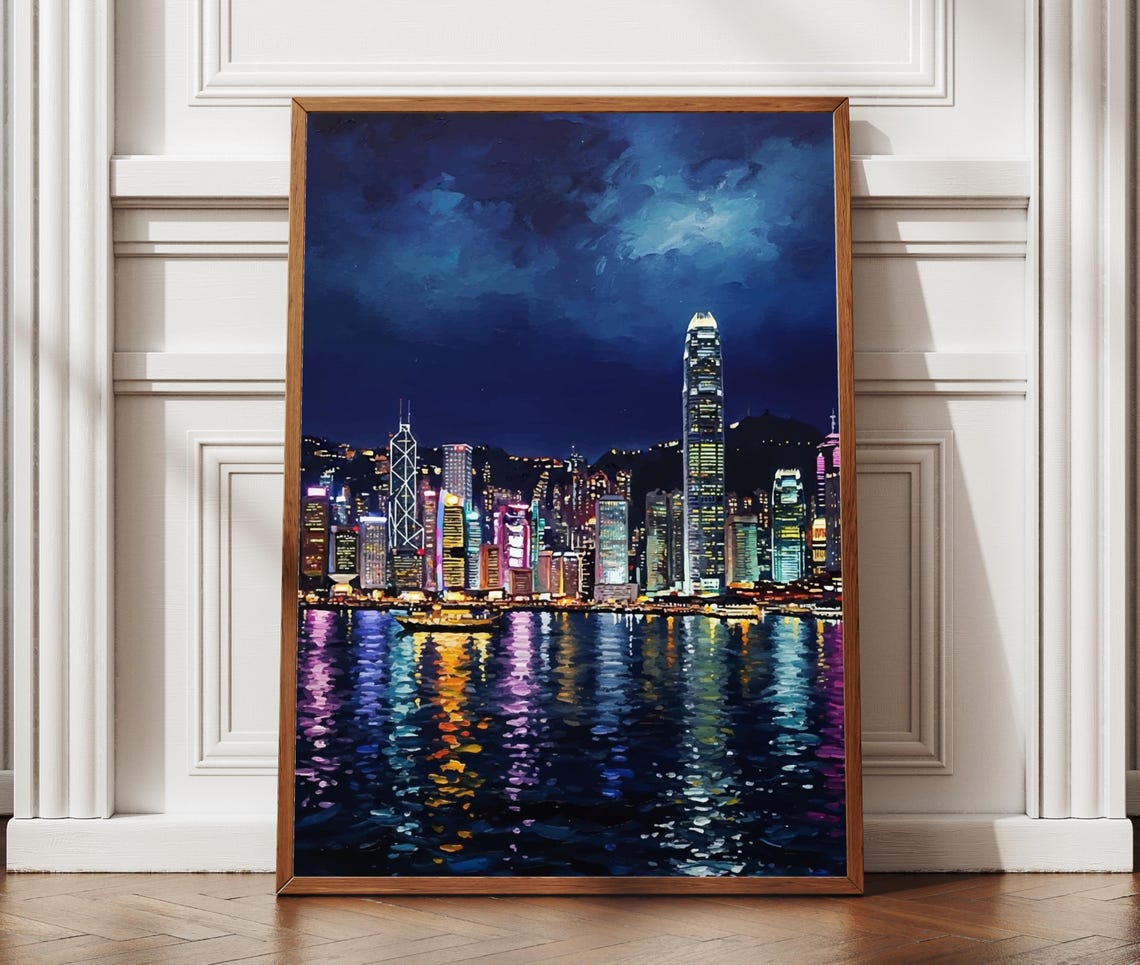 Hong Kong Night Skyline Victoria Harbour Lights Cityscape Art Poster