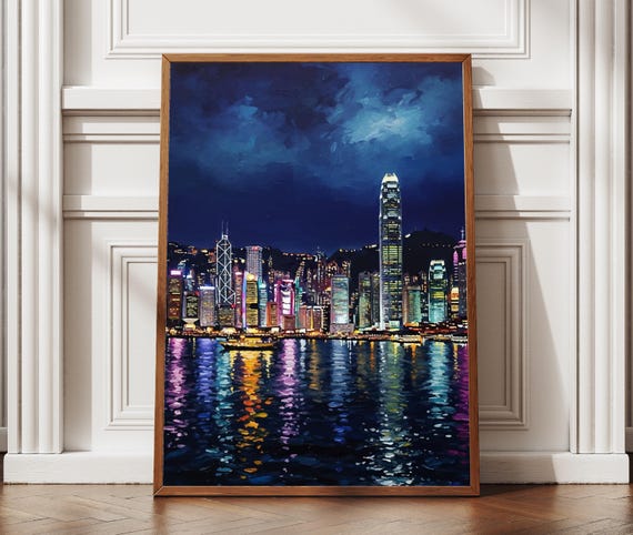 Hong Kong Night Cityscape Art Style Travel Poster