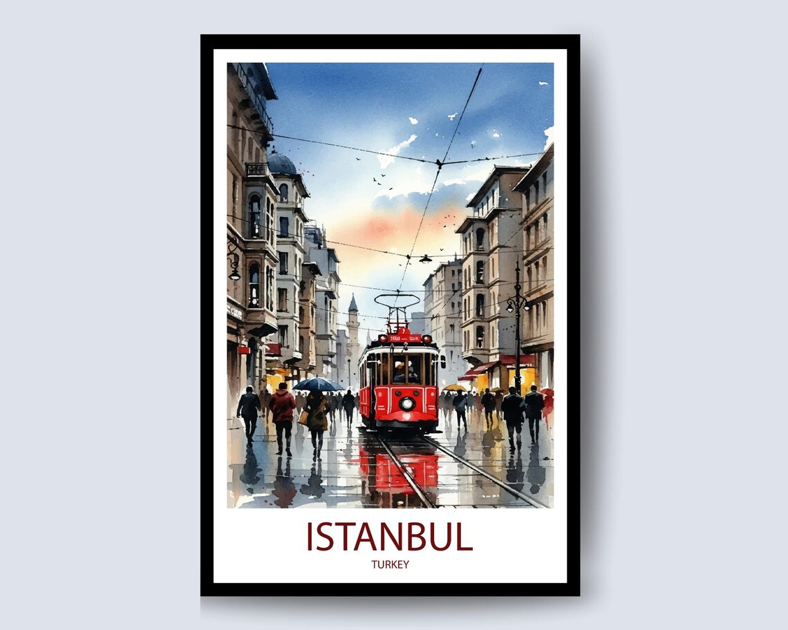 Istanbul Turkey Rainy Street Red Tram Umbrella Watercolor Poster