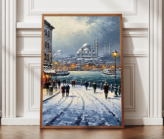 Istanbul Winter Snowfall Blue Mosque Oil Painting Cityscape Poster
