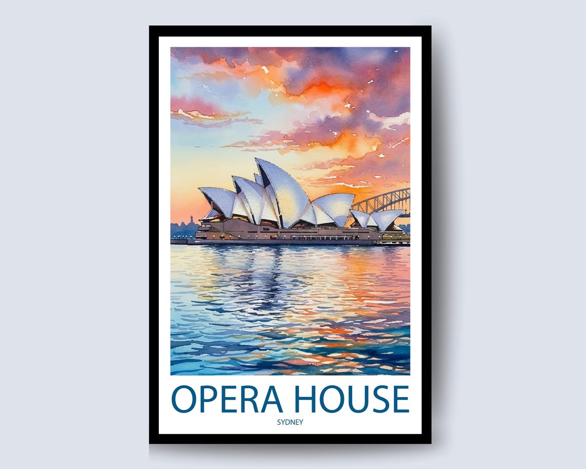 Sydney Opera House Watercolor Sunset Travel Poster Australia Bay
