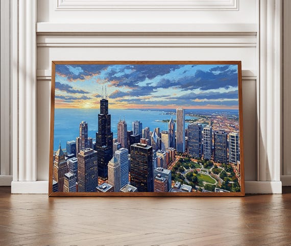 Chicago Skyline Wall Art Illinois Travel Poster Textured Cityscape Modern American Print Architectural Decor