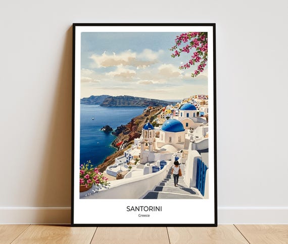 Santorini Island Watercolor Print Art Greece Travel Poster Home Office