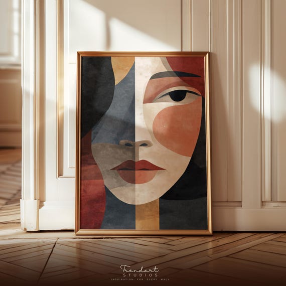 Geometric Wall Art Kunst Poster Abstract Cubist Face Print Mid Century Modern Decor Terracotta Da00063