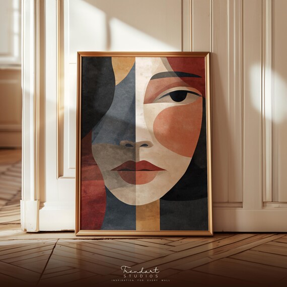Modern Abstract Geometric Woman Portrait Earth Tone Art Poster